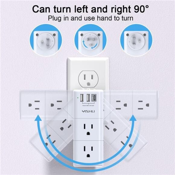 USB Multi Plug Outlet Extender - Surge Protector with Rotating Plug, 6 AC Plug - Picture 5 of 8